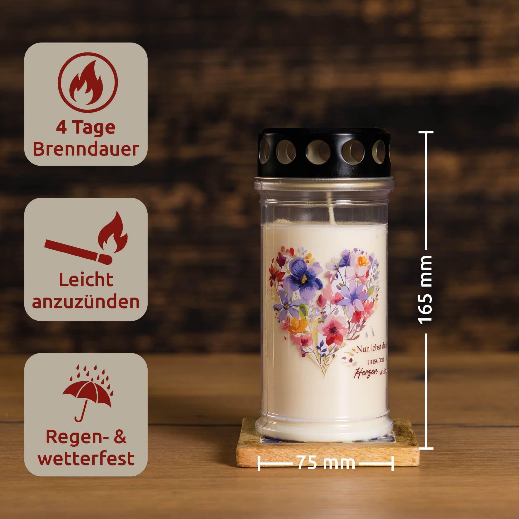10er Set Grabkerzen 4 Tage Brenndauer | Herzmotiv | Wetterfestes Grablicht mit Deckel | Trauerkerzen für Grab, Friedhof, Grabdekoration & Grabschmuck