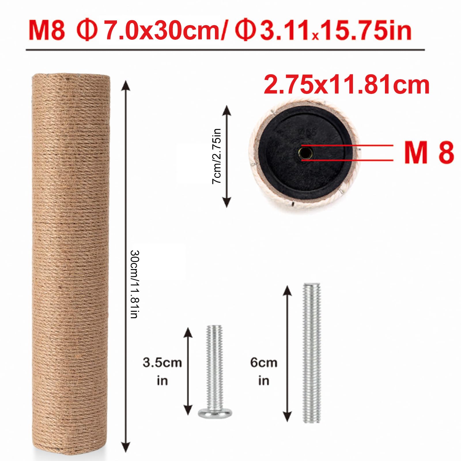 Kit di 4 pezzi di ricambio per tiragraffi per gatti, tiragraffi lungo 30 cm in sisal naturale, colonna da graffiare con viti M8, parti di ricambio per ristrutturazione e tempo libero creativo