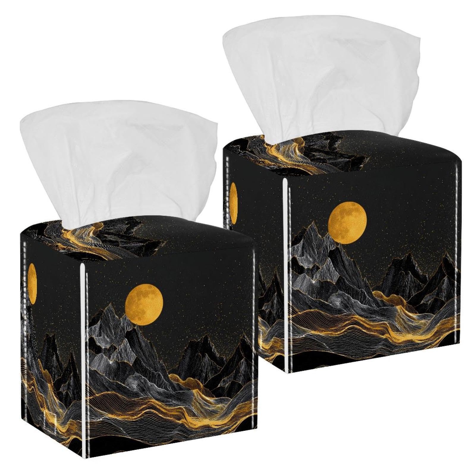 Mountain and Moon Tissue Box Cover, 2 Pack PU Leather Square Facial Tissue Dispenser Box holder for Home Office Car