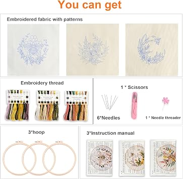 Myfelicity Bee and Floral Embroidery Kit, 3 Decorative Hoop Art Designs with Honeycomb and Garden Patterns, DIY Needlework Set (Bees)