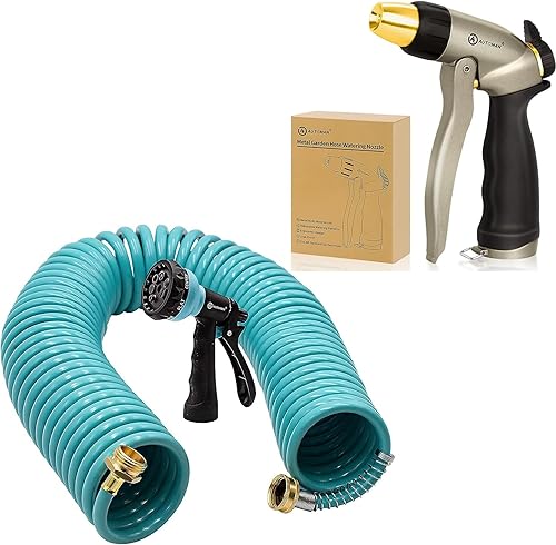 AUTOMAN Boquilla de manguera de agua de jardín de 50 pies y boquilla de manguera de jardín, boquilla de pulverización de alta presión 100% metal,