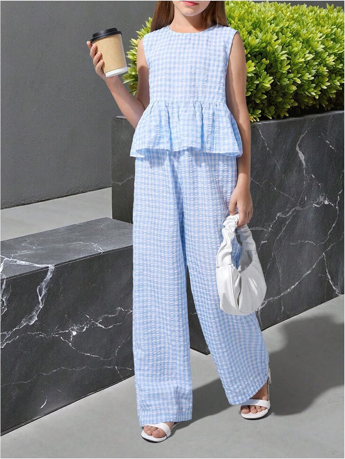 Verdusa Girl's 2 Piece Gingham Plaid Outfits Ruffle Peplum Tank Tops with Wide Leg Pants Summer Sets