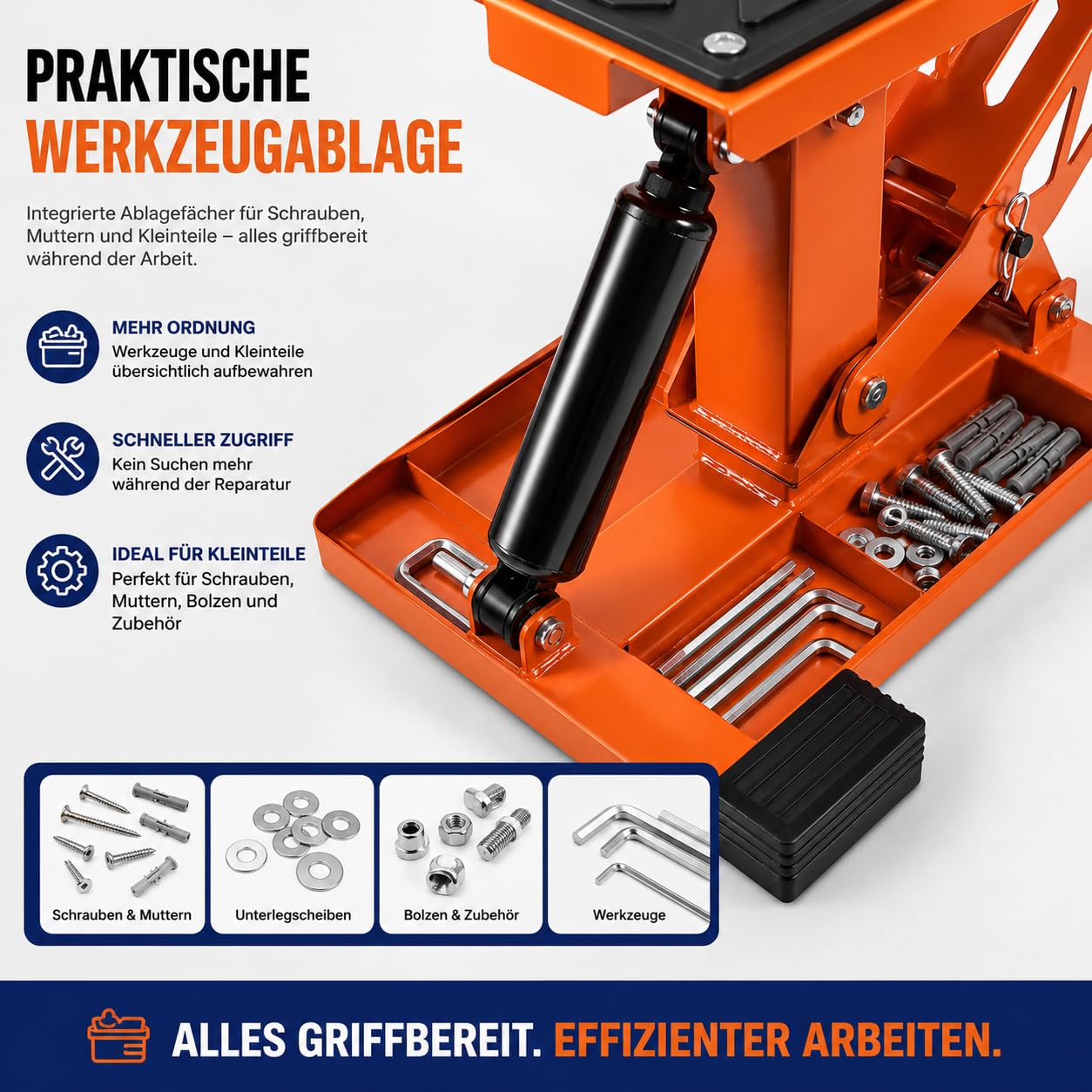 Motorradhebebühne 400 kg mit 3 Werkzeugablagen und Fußpedal Hydraulisch | 4-fach höhenverstellbar für Wartung, Reifenwechsel und Reparaturen in Garage und Werkstatt