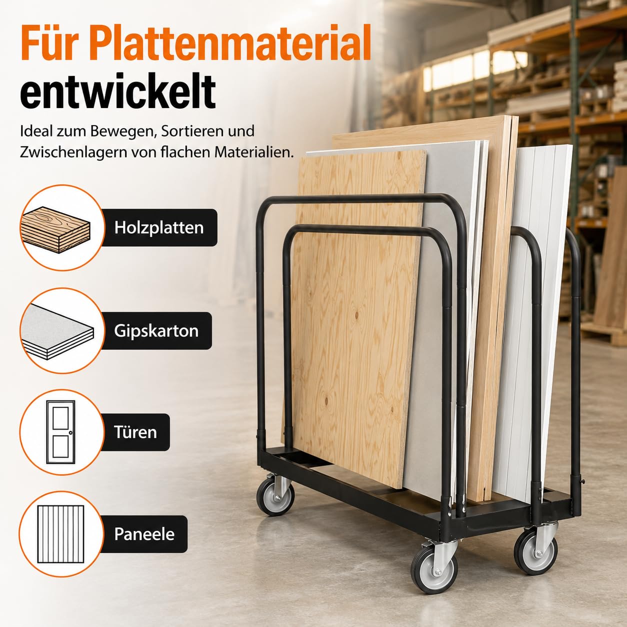 Plattenwagen 680 kg Tragkraft mit 4 Lenkrollen und Bremsen, Plattentransportwagen aus Stahl mit Zurrgurt, für Holzplatten, Gipskarton, Türen und Paneele