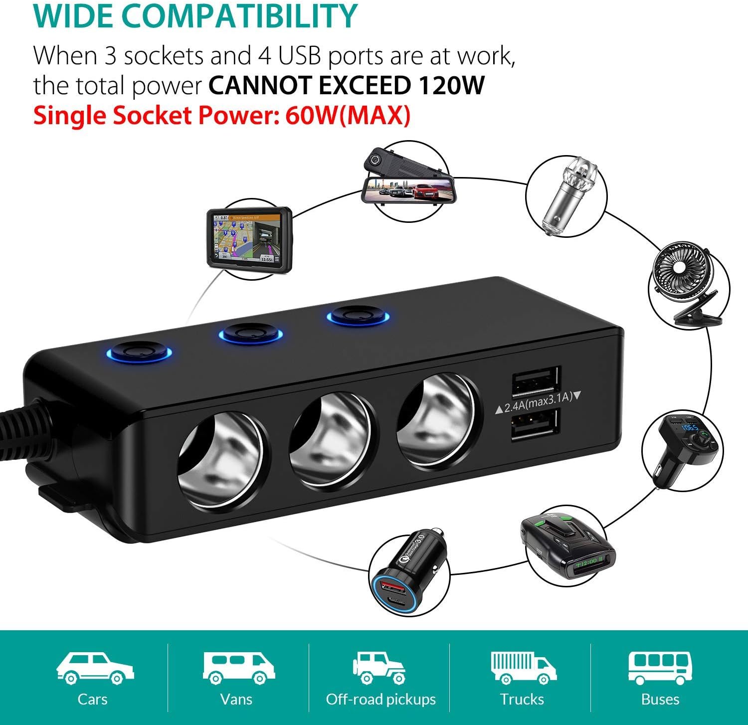 [Upgraded Version] Quick Charge 3.0 Cigarette Lighter Adapter, CHGeek 180W 12V/24V 3-Socket Car Power DC Outlet Splitter with 8.5A 4 USB Charging Ports & LED Voltmeter Power Switch Car Charger