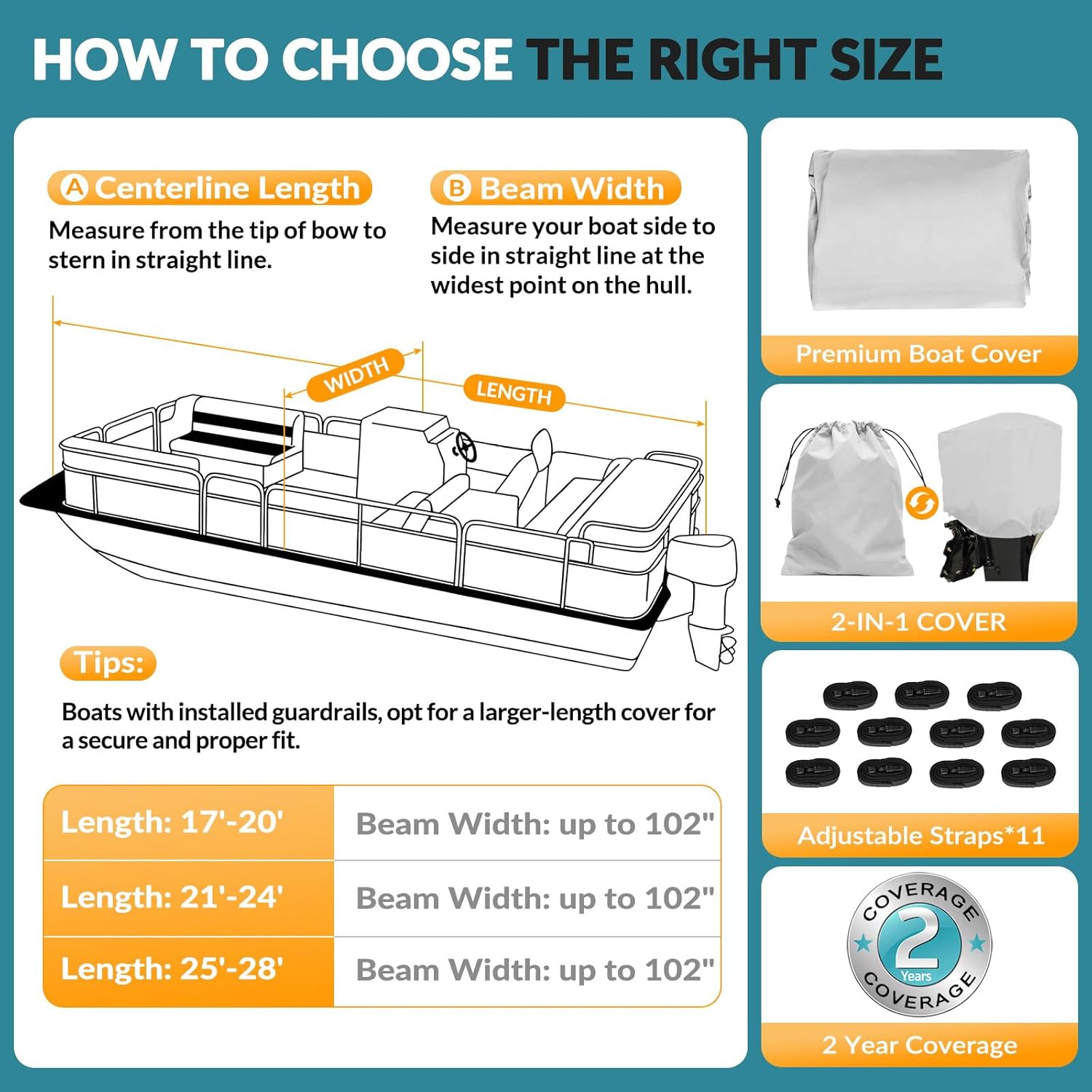 1200D Waterproof Pontoon Boat Cover with Metal Buckles,Solution-Dye Marine Canvas Trailerable Boat Cover 21-24ft for Pontoon Boat with Motor Cover,Gray