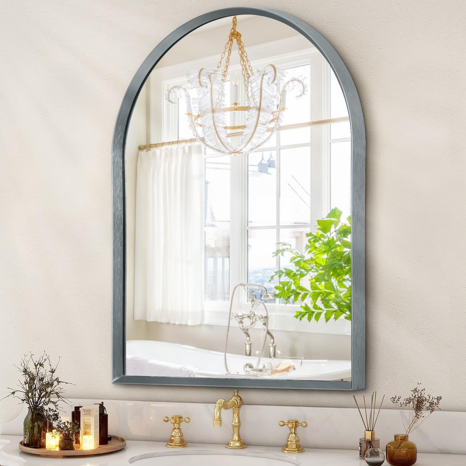 Arch Bathroom Mirror, Metal Frame Vanity Mirror, Dresser Mirror, Arch Decorative Mirrors for Living Room Bedroom Entryway Mantle 28"x20"