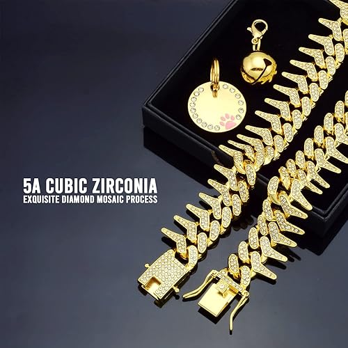 Miniatura 2 de JanToPet Rivet - Collar de perro de eslabones cubanos de 0.512in, cadena de oro para perro y gato con diseño de hebilla segura, cadena de diamantes
