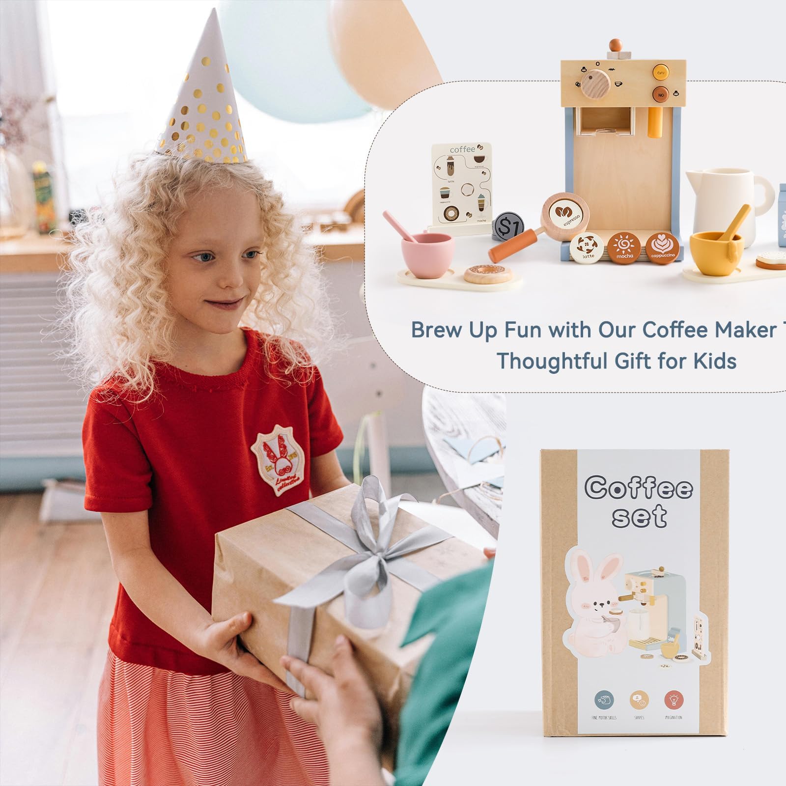 Kaffeemaschine Kinder mit Mühle, Siebträger, Kaffeehaus 22-Teilig HolzSpielzeugset, Espressomaschine Imitation Barista Kinder, Geeignet für Kleinkinder ab 3 Jahren