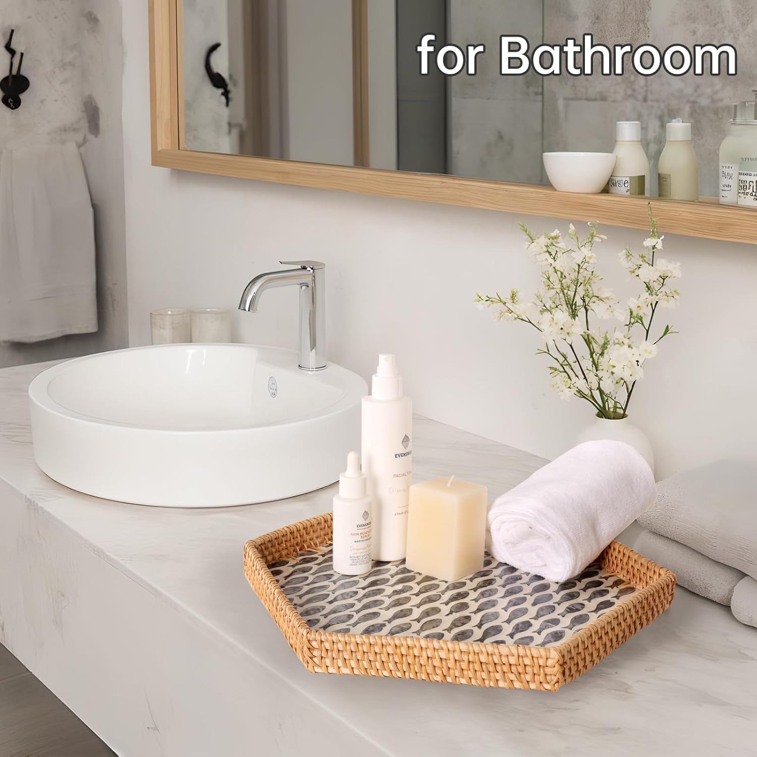 Hexagon Rattan Tray with Mother of Pearl Inlay, Rattan Serving Tray for Coffee, Bread, Fruits, Snacks, Decorative Wicker Tray for Table Decor, Home Decor (Little Bluefish, 14.5"×12.8") - Image 8