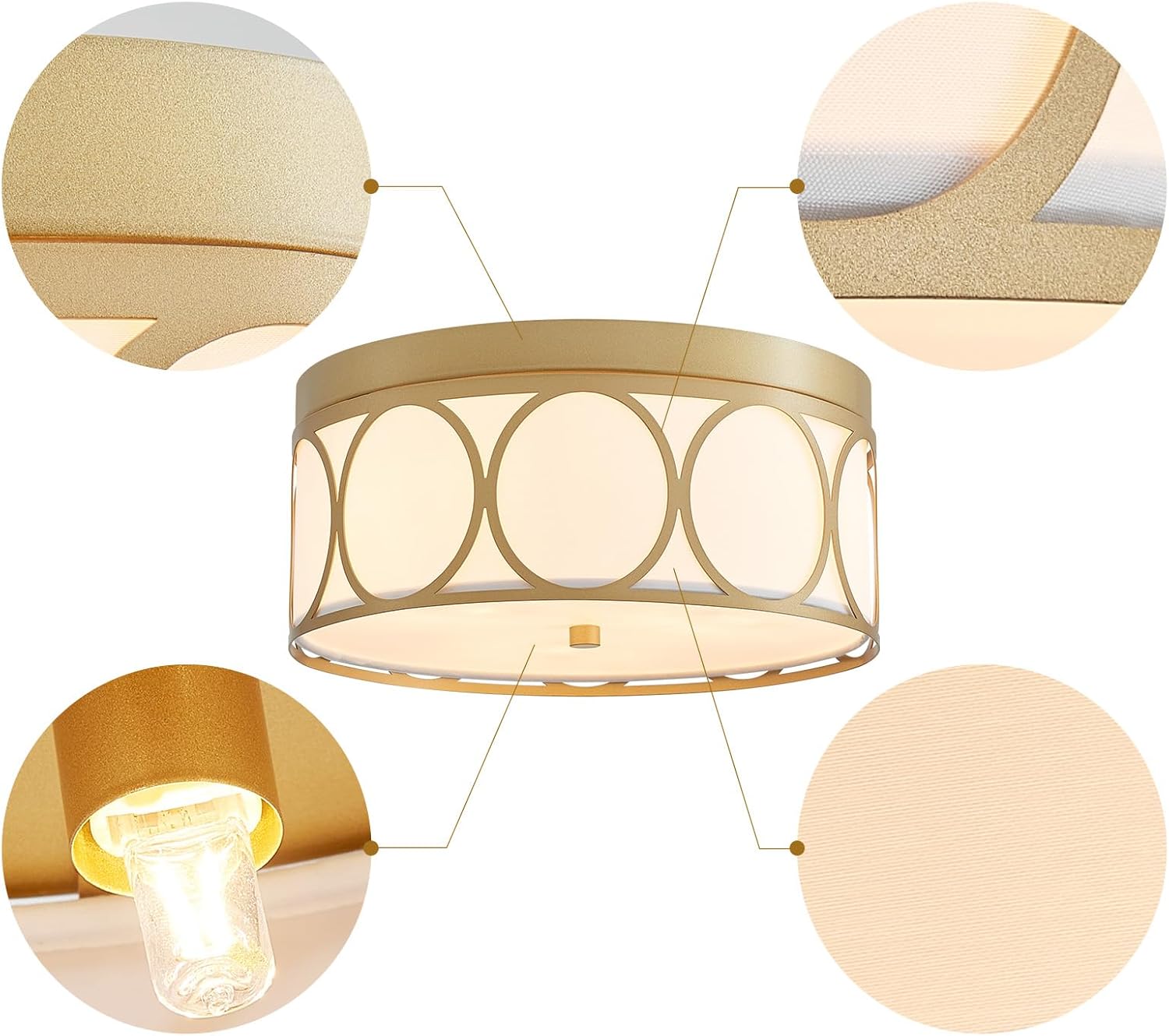 Modern Fabric Drum Ceiling Light, Flushmount Close to Ceiling Light Fixture for Living Room, Bedroom, Dining Room, Kitchen. D12 x 5in, Gold Finished Metal Frame, White Fabric Lampshade