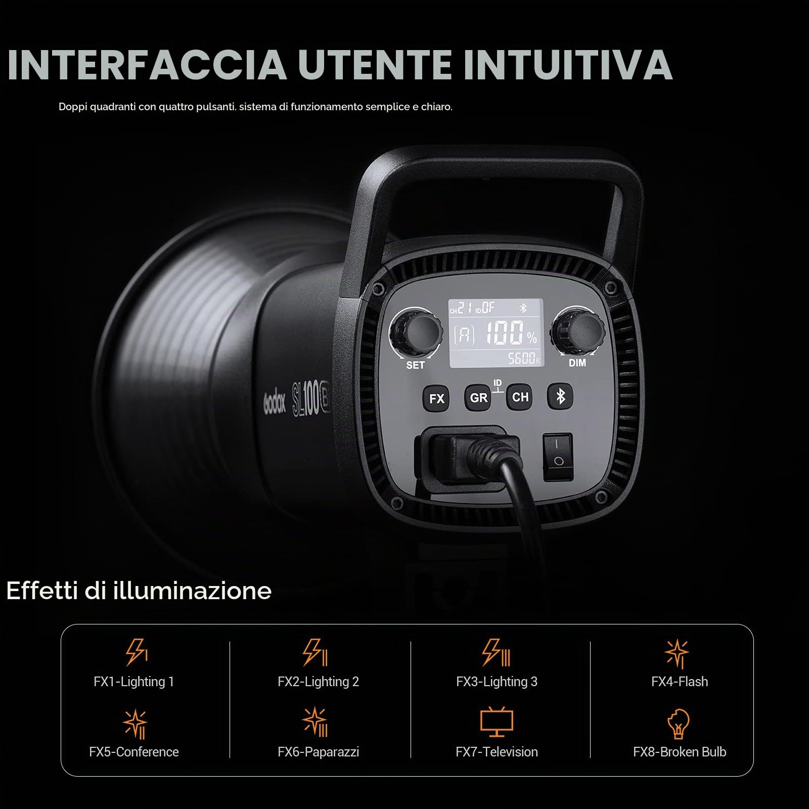 Godox SL100Bi 100W Luce Video LED Bicolore 2800K-6500K Luci Fotografico Uscita Continua Bowens Mount per Registrazione Video Foto Studio Fotografico | CRI96 TLCI97 Uscita Continua, 11 Modalità FX, Bowens Mount, per Youtube Registrazione Video Foto Studio