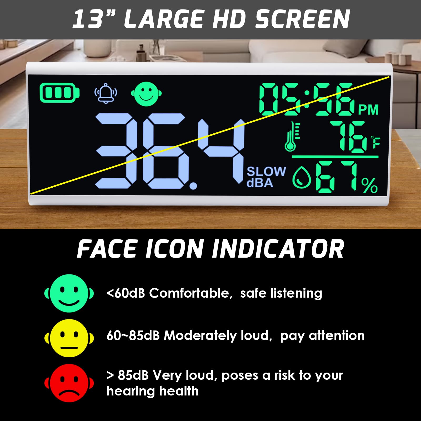 Misuratore Di Decibel Misuratore Di Decibel Sonoro Da 13’’ Misuratore Di Livello Sonoro Da Parete E Da Tavolo Misuratore Di Rumore A Led Di Grandi Dimensioni Visualizza Decibel Tempo Temperatura