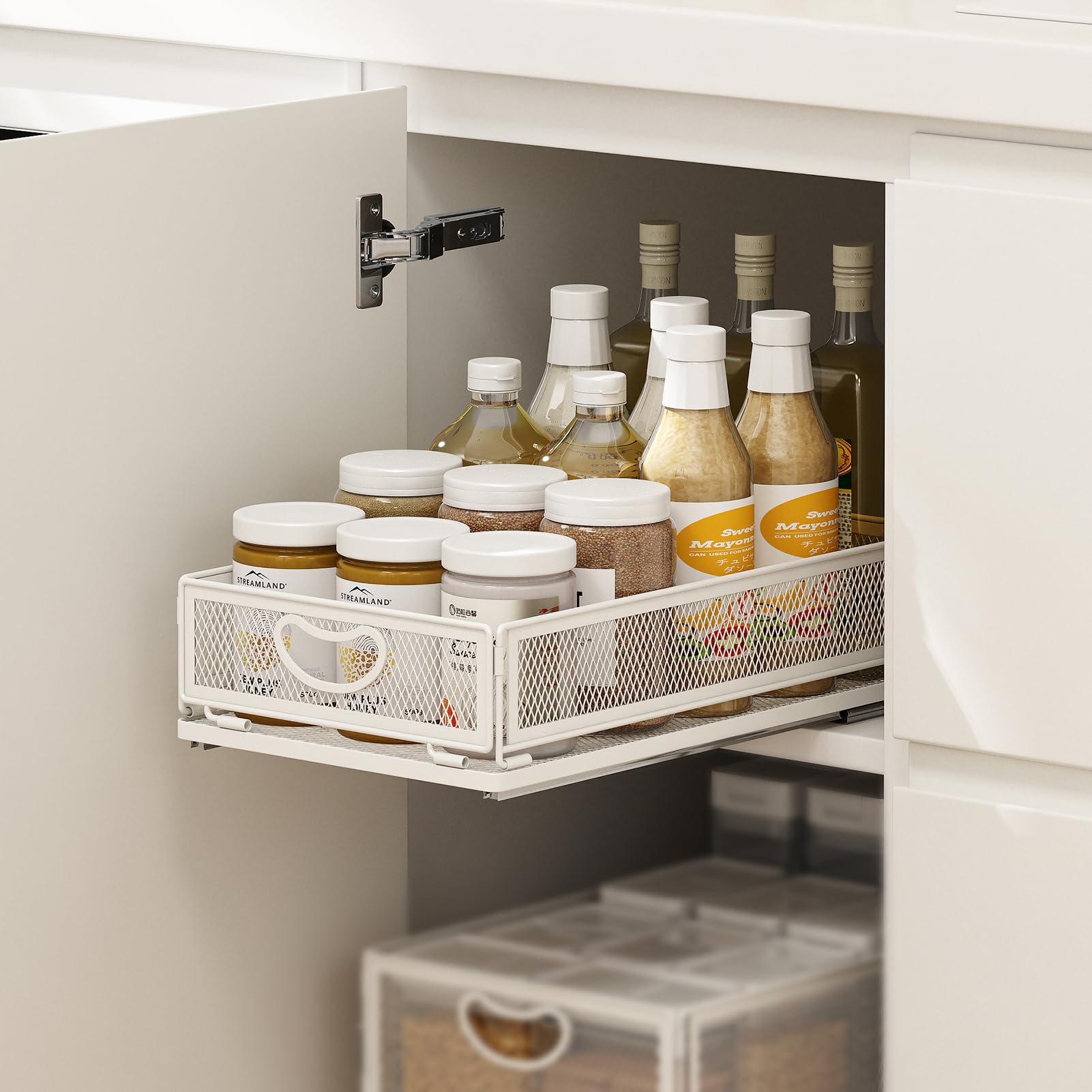 AmzAge Pull Out Cabinet Organizer, No Drill Adhesive Sliding Drawers for Kitchen, Metal Mesh Wire Storage Shelf for Pantry & Under Sink, White (9.6" W