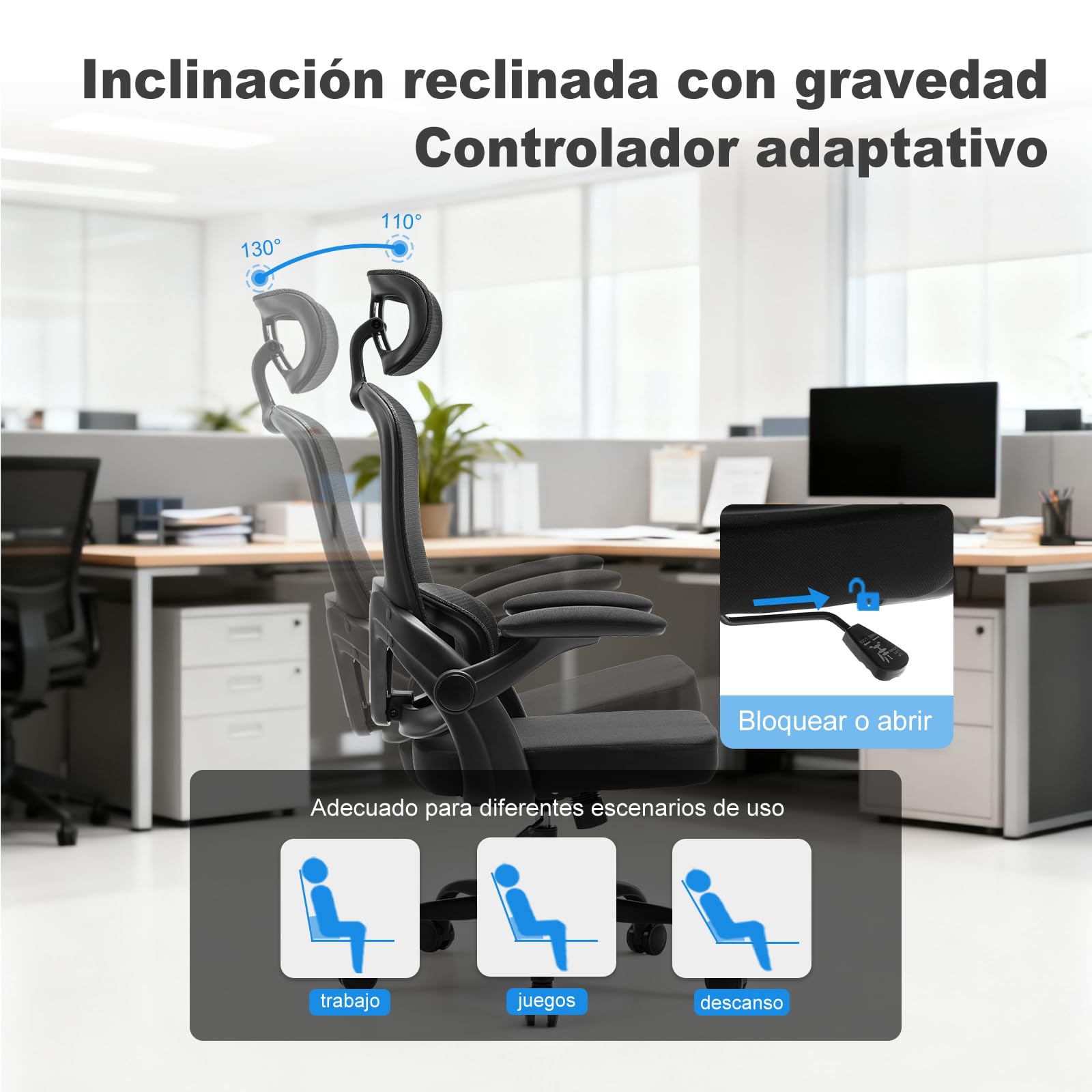 Magic Life Silla de Oficina ergonómica con cojín elástico, Respaldo de Malla Transpirable, reposabrazos Plegables, Soporte Lumbar, Altura Ajustable, Silla de Escritorio para Oficina y hogar