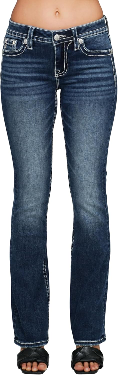 Miss Me Women's Mid-Rise Glacé Bleu Filigree Faux Flap Pockets Bootcut Jeans - Image 2