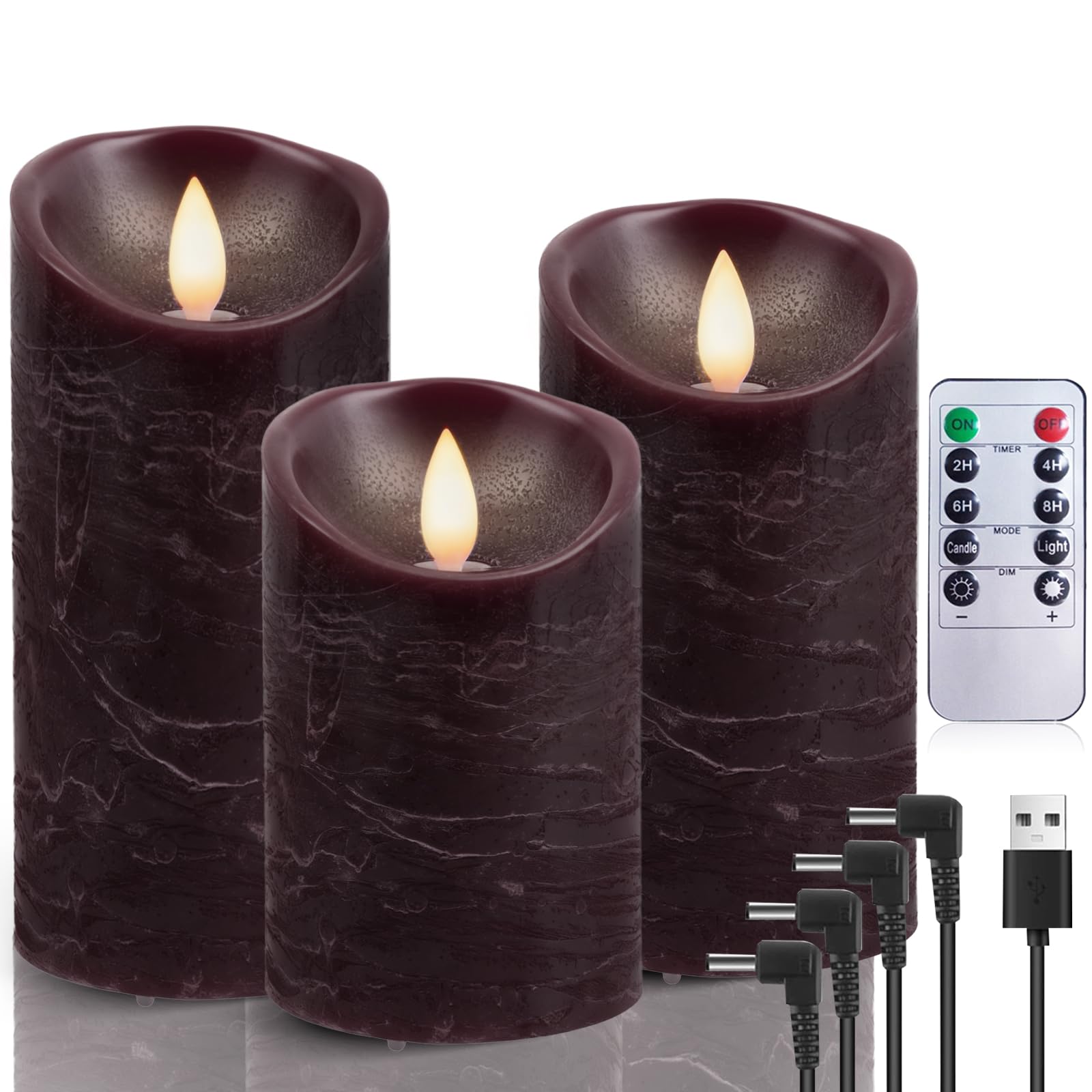 AiiBowy LED Candles Rechargeable USB [Set of 3] - with Remote Control, Flickering, Timer, Flameless - LED Candles for Halloween Christmas Wedding Birthday Party Decorations (Burgundy)