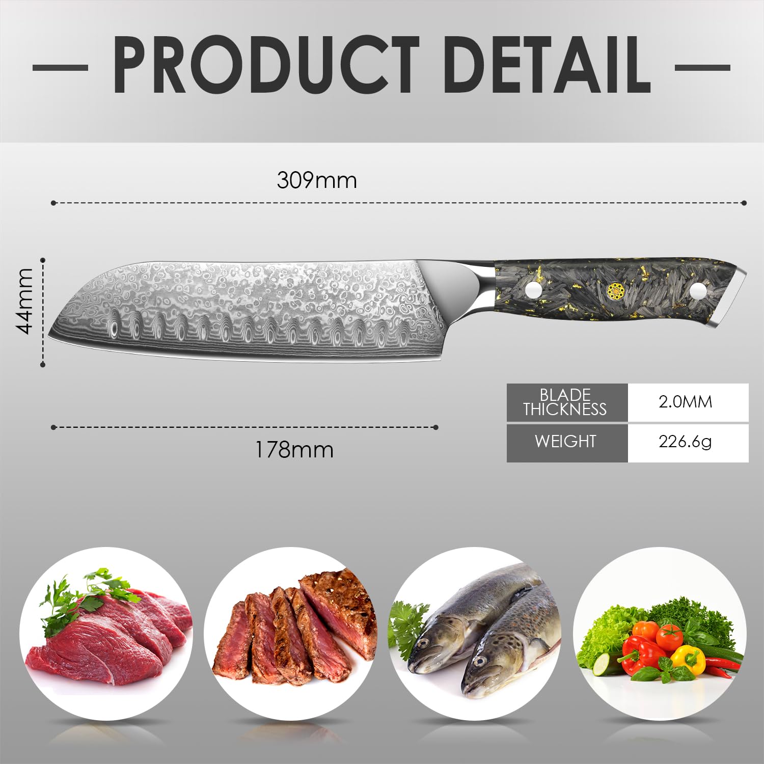 Damascato Coltello da Santoku, Coltello Damasco in 67 Strati di Acciaio Damascato VG-10, Coltello da Cucina Professionale 17.8 cm Lunghezza Lama Extra Affilata, Manico Ergonomico in Resina
