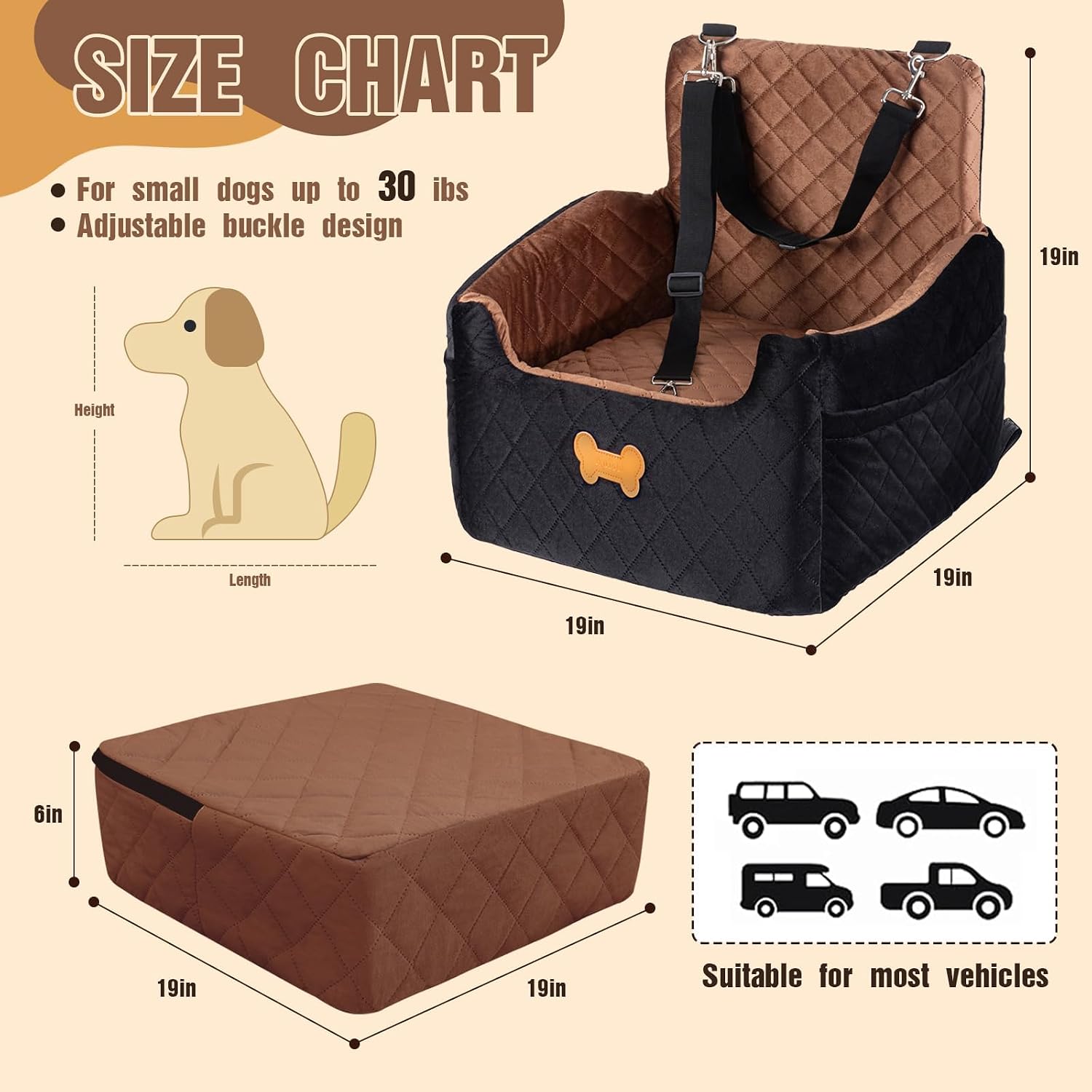 Dog Car Seat for Small Dogs, Dog Booster Seat Filling in Thick Memory Foam with 2 Safety Leashes and Storage Pocket, Suitable for Pet Under 30lb or 2 Puppies (Brown/Black) image 4