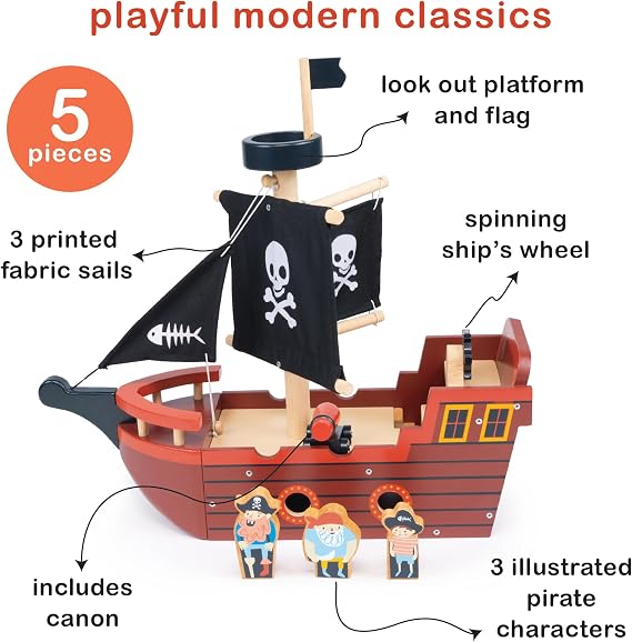 Mentari Toys - Fishbones Pirate Ship - Wooden Pirate Ship with 3 Pirate Figures - Storytelling, Pretend Play, Imaginative Play - Ages 3+