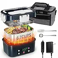 Electric Heated Lunch Box, 6.7 Cups | 1.6L, 15600mA Battery Powered, Portable Cordless Self Fast Heating Food Container Warmer, Timer Preset Heating, Car, Truck, Picnic, Outdoor Work Use