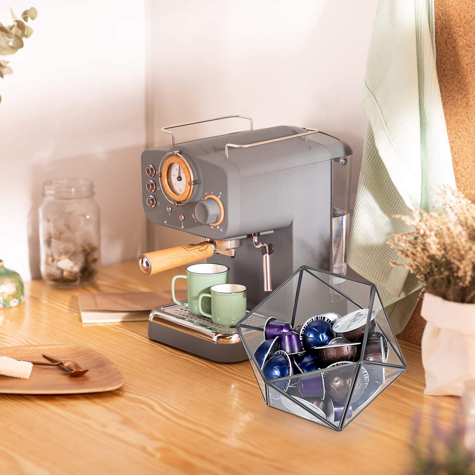 ELLDOO Porta cialde di caffè in vetro nero, 15 lati, geometrica, organizer per capsule di caffè K Cup Espresso, bustine di tè e zucchero, per cucina, bar, bancone ufficio