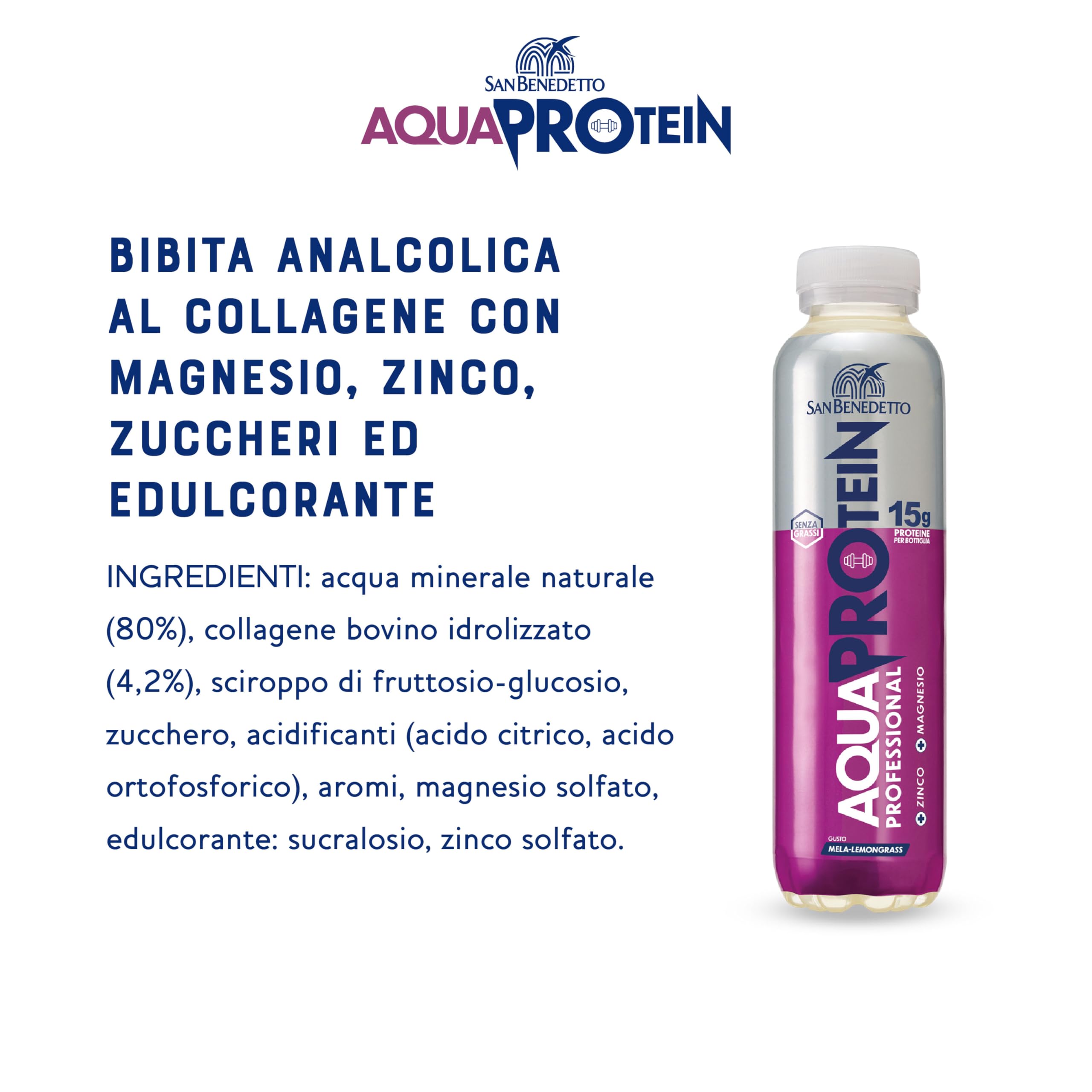 San Benedetto Aquaprotein, Bevanda con alto contenuto di proteine in Acqua Minerale, più Zinco e Magnesio, Proteine Ready to Drink, 12x400ml
