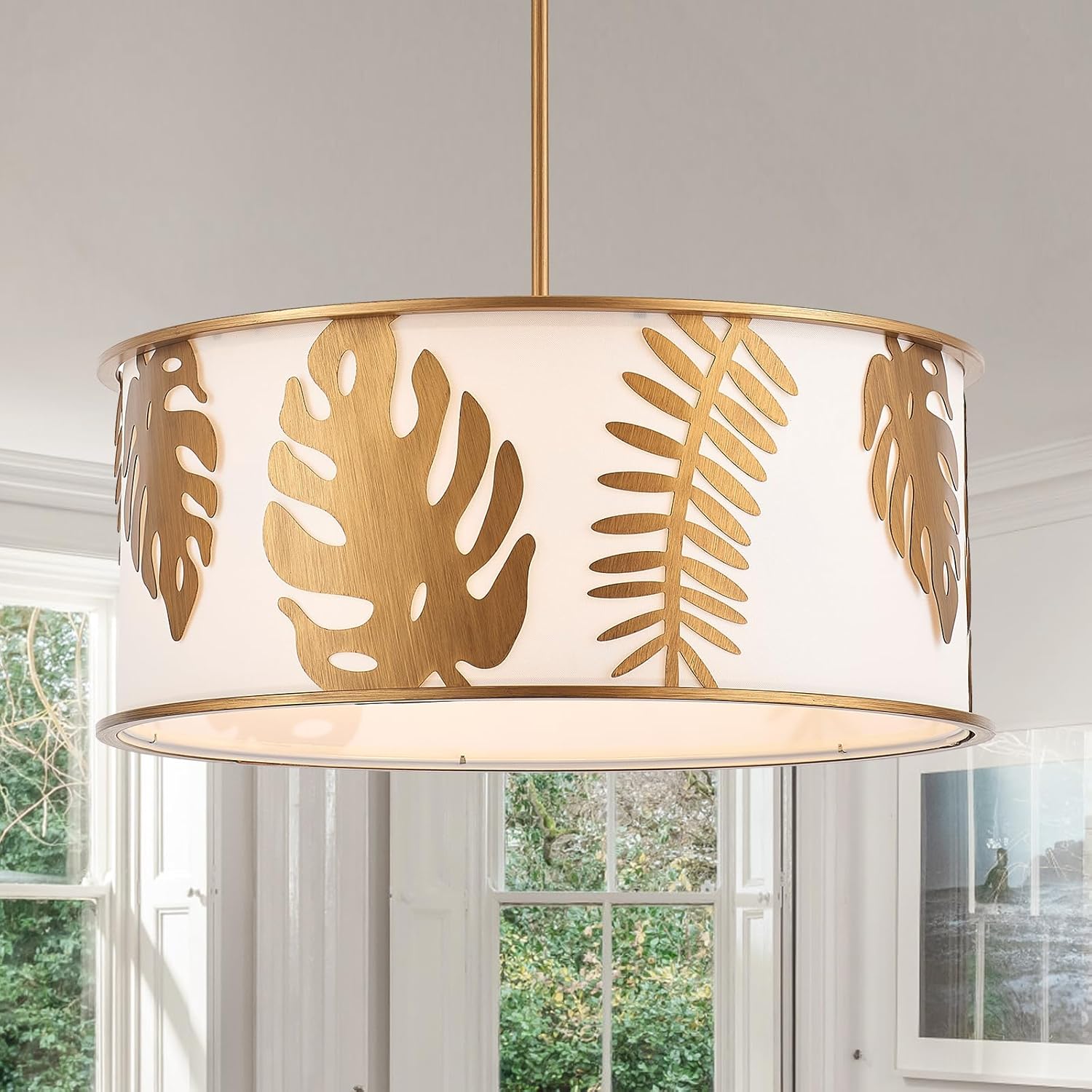 Modern Gold Chandeliers Large Fabric Drum Chandeliers 24" Round Ceiling Pendant Light Fixture with Chain Adjustable for Dining Room Bedroom Foyer Kitchen