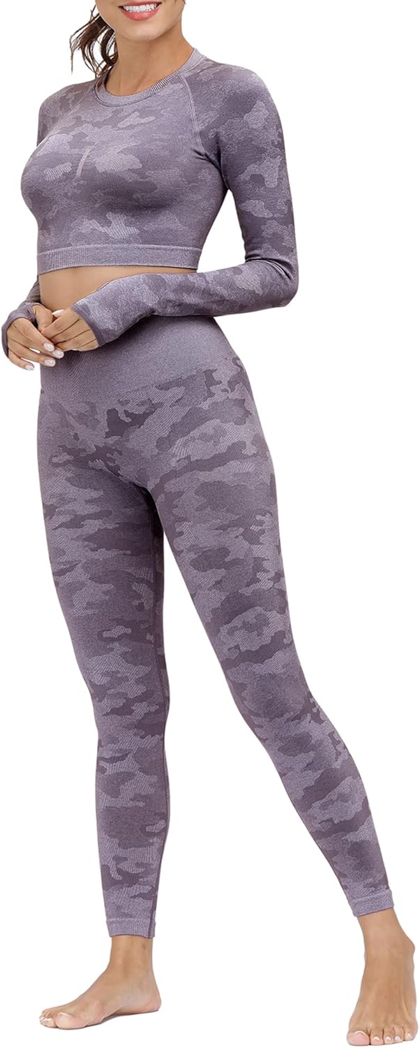 Women's Workout Outfit Set Active 2 Pieces Camo Seamless Yoga Leggings with Long Sleeves Crop Top Purple