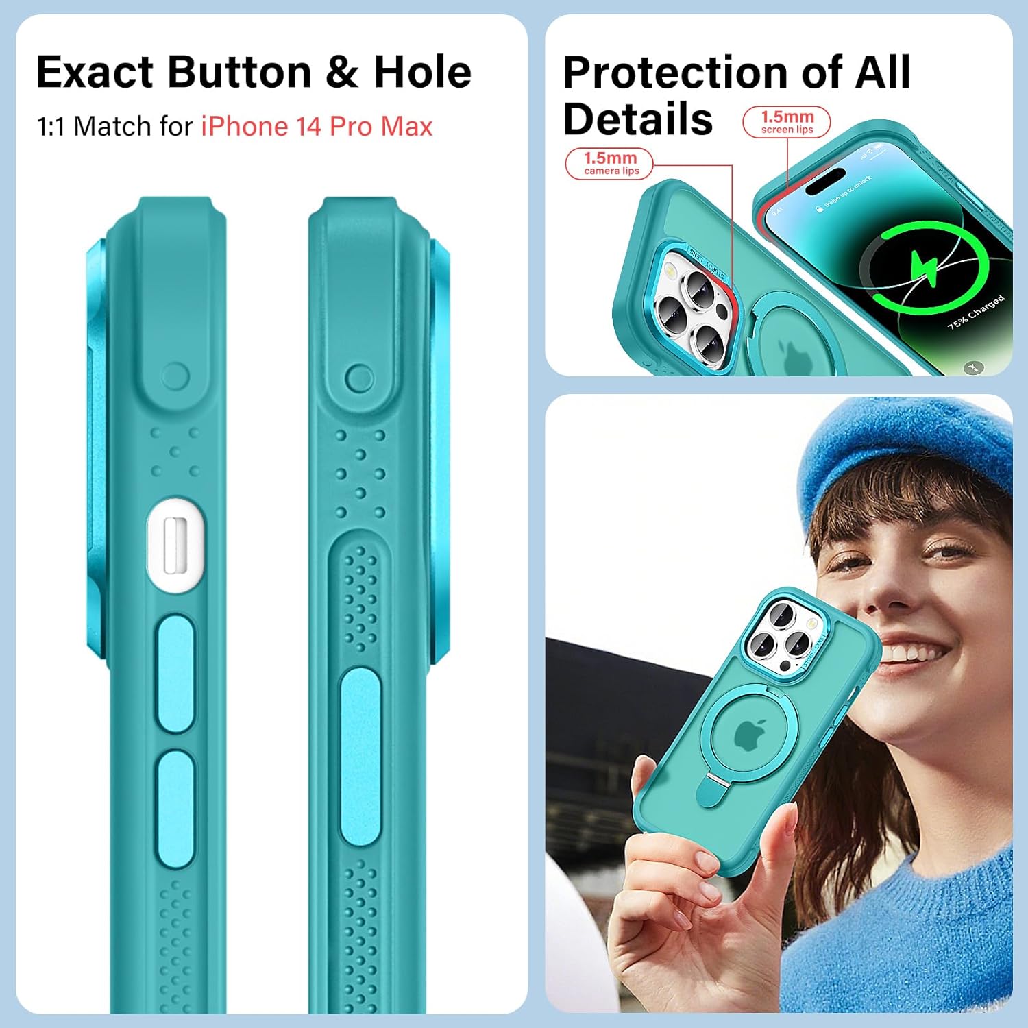 Designed for iPhone 14 Pro Max Case with Magnetic Stand, [Military Drop Protection][Great Grip Feeling] Matte Translucent Back Slim Shockproof Phone Cover for iPhone 14 Pro Max 6.7", Darkcyan