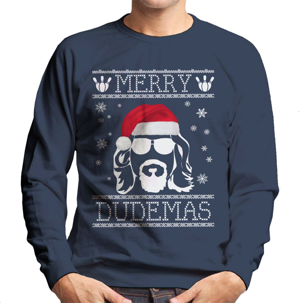 Cloud City 7 Men's Navy Blue Big Lebowski Merry Dudemas Christmas Knit Sweatshirt