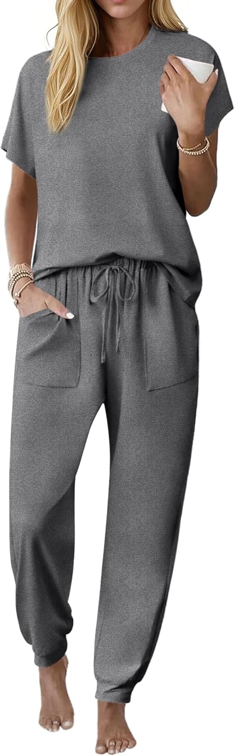 Ekouaer Womens Pajama Sets 100% Cotton Pajamas Short Sleeve Pj Top With Jogger Pants 2 Piece Lounge Set with Pocket