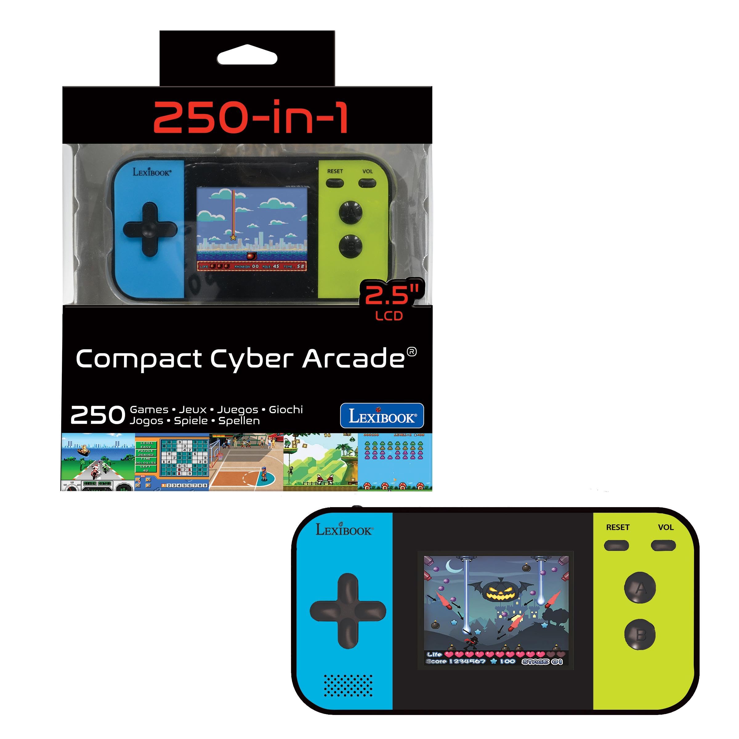 Lexibook JL2377LXB Compact Cyber Arcade Portable Console, 250, LCD, Battery Operated, Video Game for Children, Black/Blue/Green