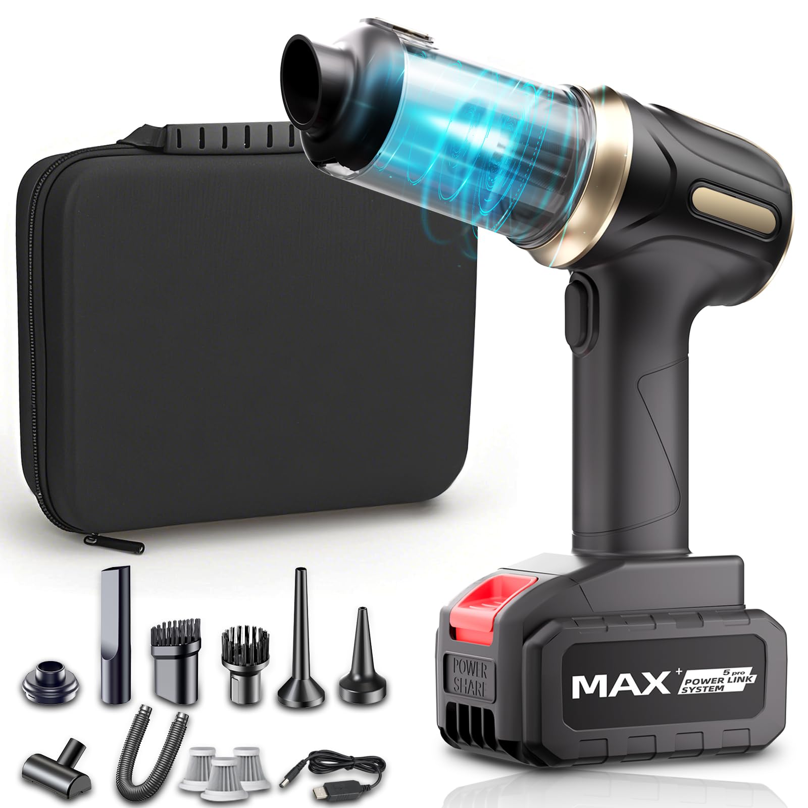 D-Lumina Potente aspiradora de coche de 22000 PA, mini aspiradora portátil inalámbrica recargable, sistema de doble filtración, ajuste de 2 marchas, adecuada para limpieza profunda de coches y hogares