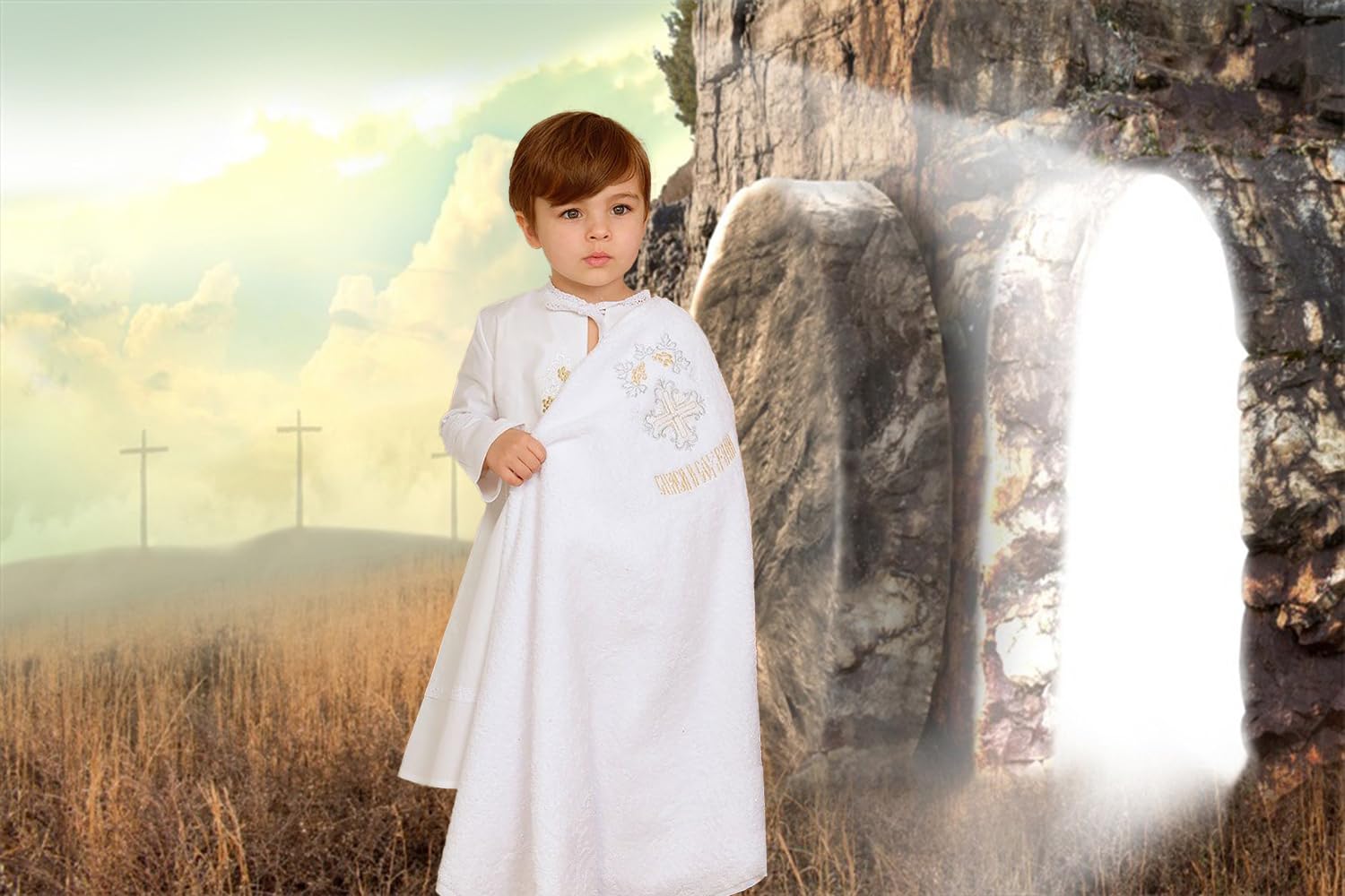 Leowefowa Puste tło winylowe, 2,7 x 1,8 m, krucyfiks, kamienny otwór, do fotografii Jezusa w dzikim świecie wielkanocnym, Pan modli się do kościoła misyjnego, wydarzenia