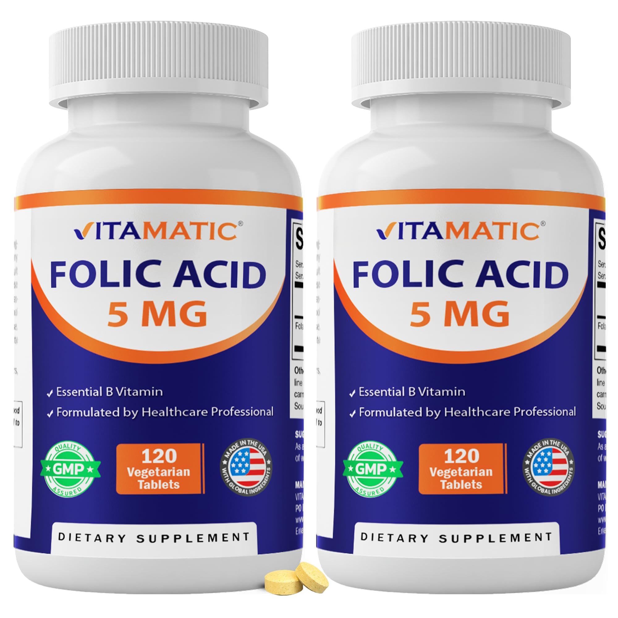 Vitamatic Folic Acid 5 mg (5,000 mcg), 120 Vegetarian Tablets (2 Pack)