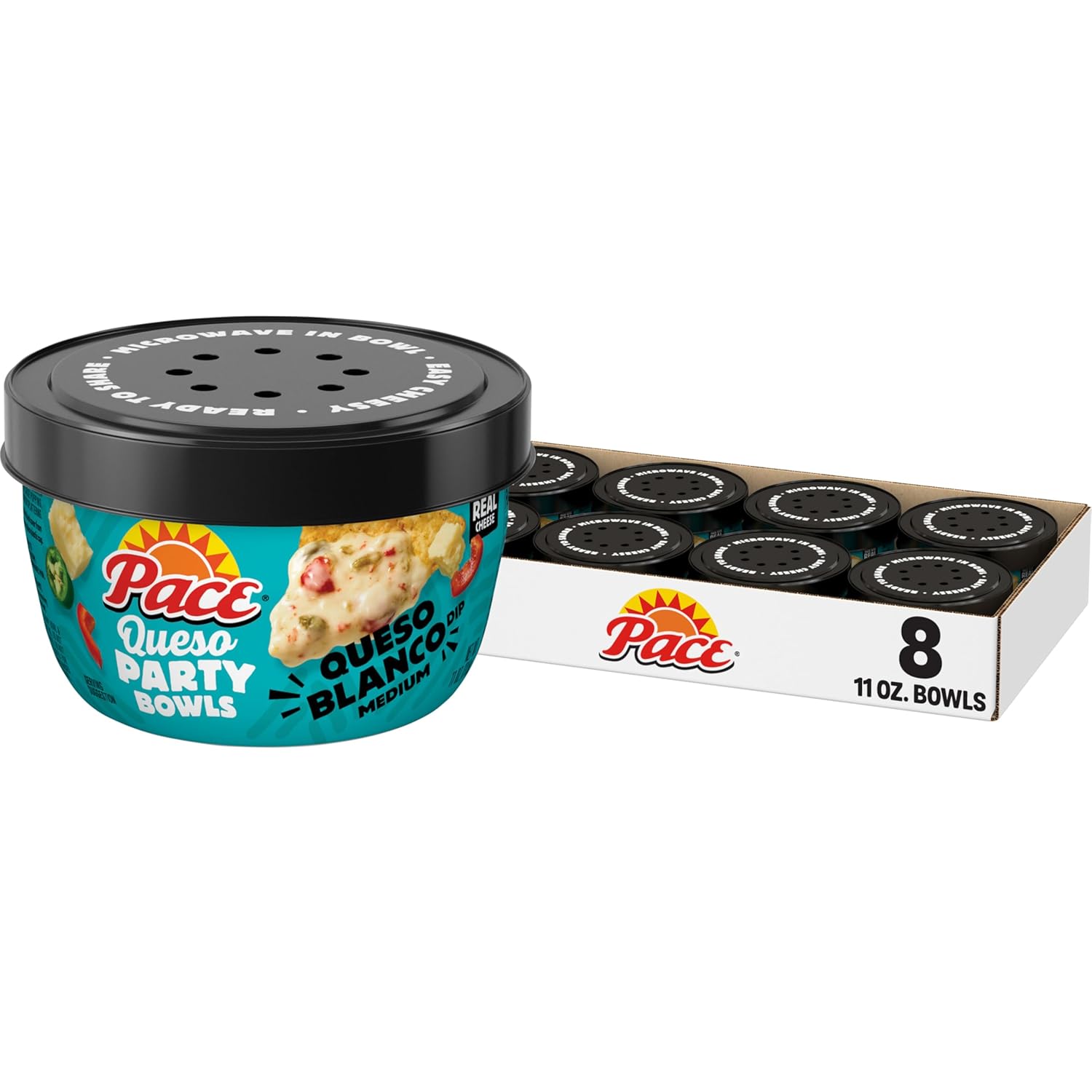 ( best by date 10/25/2025) Pace Queso Blanco Dip, 11 oz Microwavable Bowl (8 Pack) Queso Blanco Medium 11 Ounce (Pack of 8)