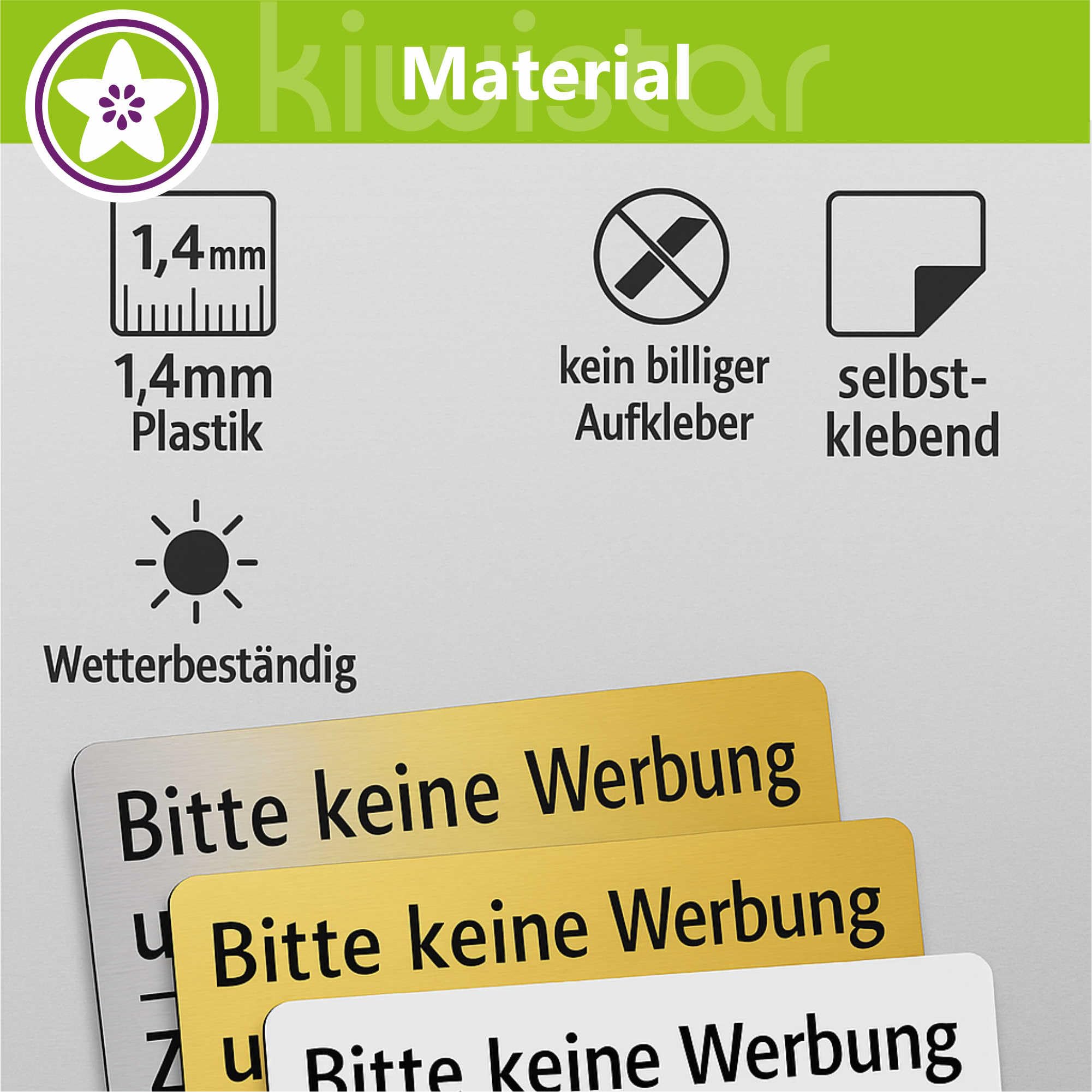 KIWISTAR UG – Stop Bitte Keine Werbeung Sticker – 50 X Cartello inciso in plastica 1,4 mm 70 X 25 mm oro spazzolato nero – Targhetta per cassetta delle lettere autoadesiva – UV e resistente alle