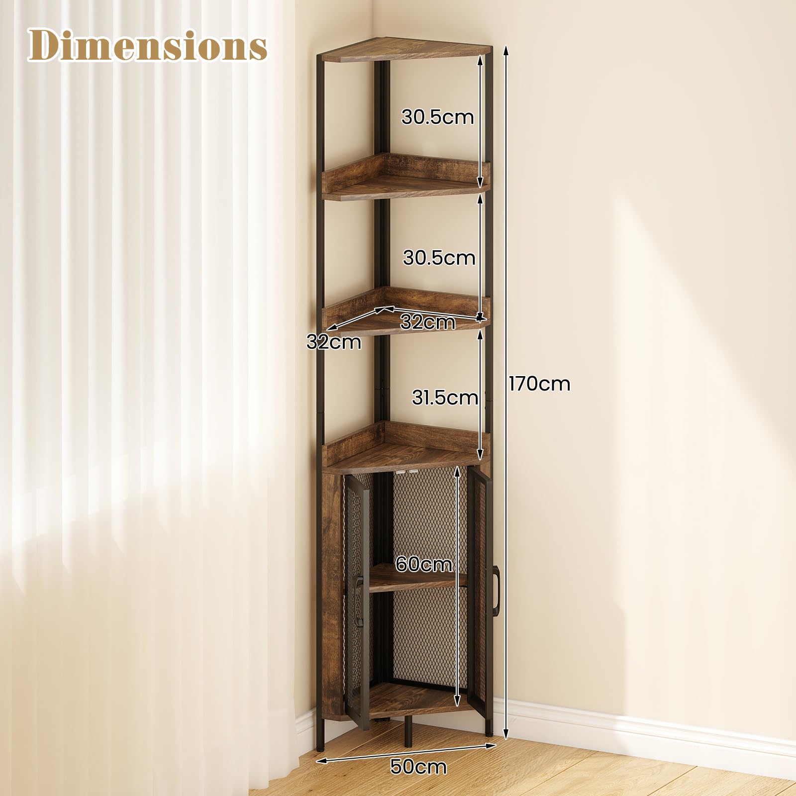 HOMASIS Étagère d'angle 170 cm avec 4 Niveaux et Armoire, en Bois, Étagère de Rangement, Bibliothèque, pour Salon, Bureau, Chambre à Coucher (Marron + Noir, 32 x 32 x 170 cm)