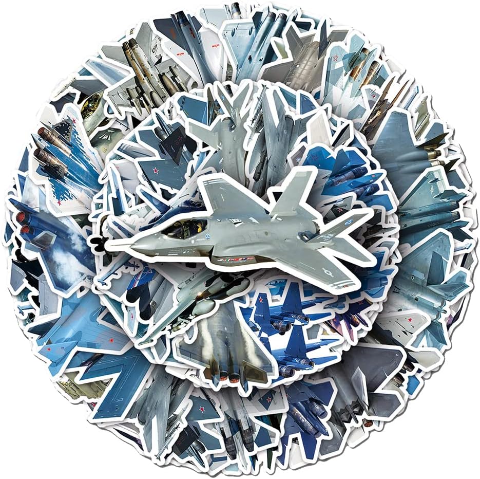 Fighter Jet Plane Sticker Pack 50 PCS, Military Aesthetic Waterproof Vinyl Die-Cut Combat Aircraft Stickers for Water Bottles Helmet Car Bumper Motorcycle, Laptop Luggage Skateboard Notebook