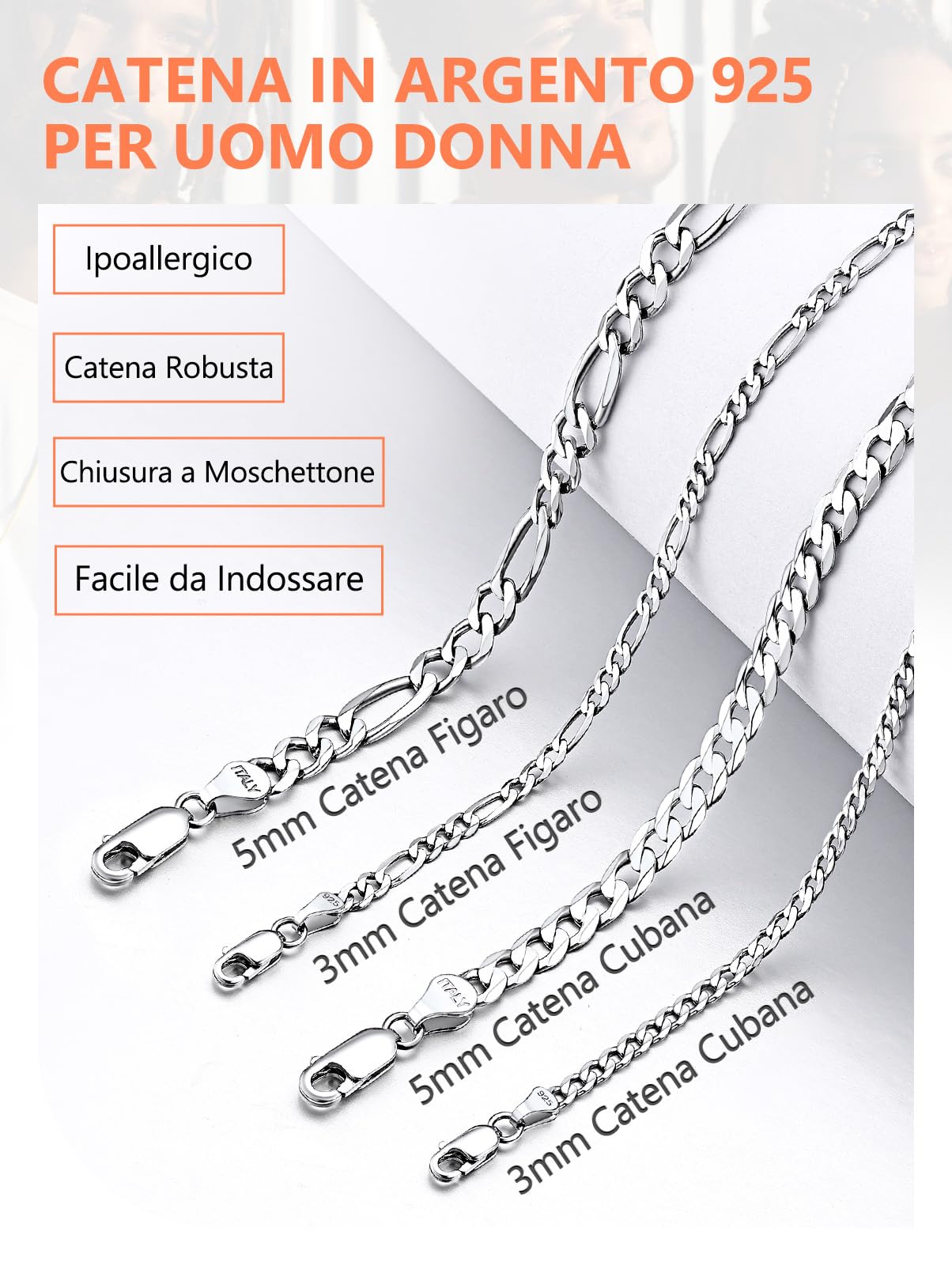 Silvora Collana Catena Argento 925 Uomo, 3mm/5mm Collana Uomo Argento Lunga 36-71cm, Catenina Cubana Figaro Ragazzo Necklace for Men HipHop Idee Regalo per Compleanno Anniversario Natale