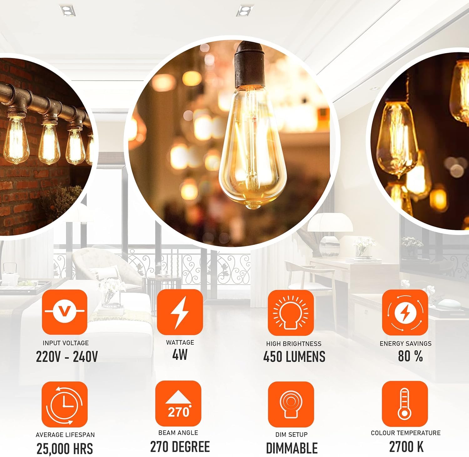 10er Pack E27 LED Edison Dimmbar Vintage Bernsteinglas Warmweiß 2700K Glühbirnen Ideal für Heimdekoration, Pendelleuchten, Kronleuchter, Restaurant- und Barbeleuchtung Bernsteinlicht