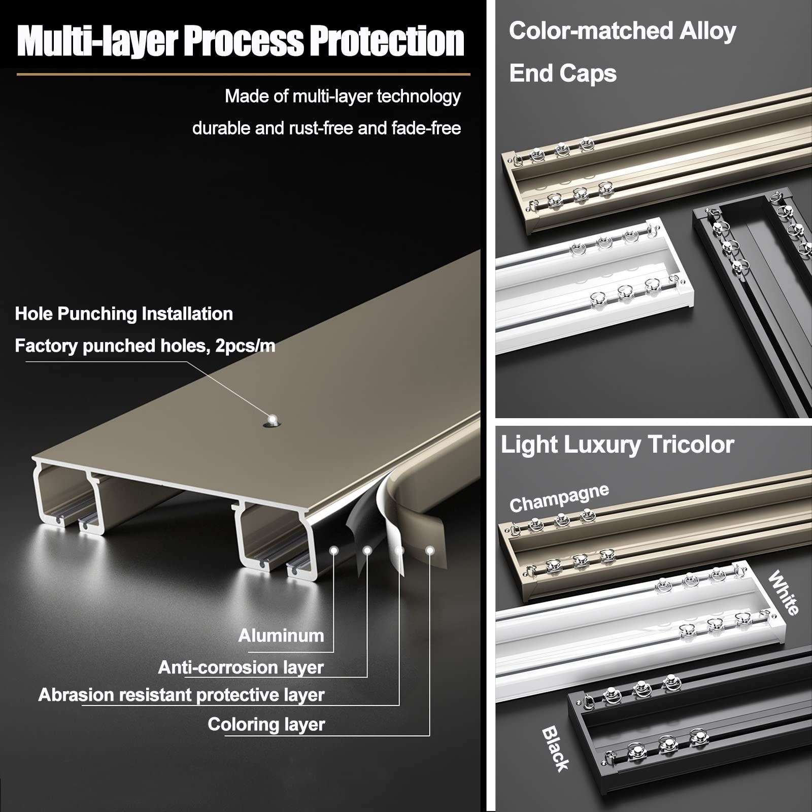 Pôles et Pistes pour Rideaux Ensemble de Rails à Rideaux de Plafond en Aluminium Robuste(Black,4.8m(4 * 1.2m))