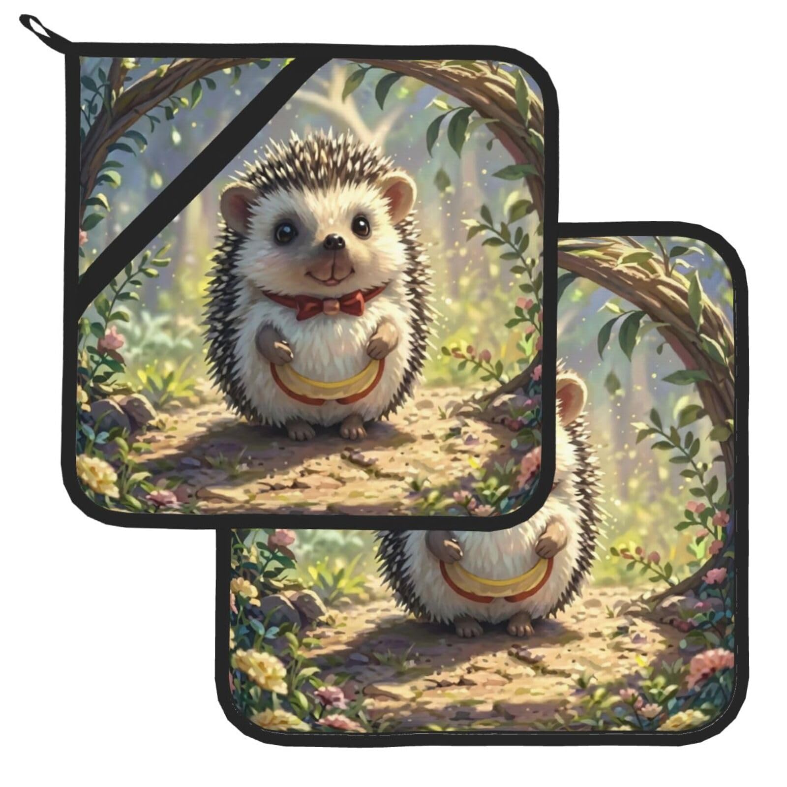 Pot Holder Set of 2 Heat Resistant Kitchen Potholders Lovely Hedgehog Pot Holders Kitchen Trivets with Hanging Loops Washable Oven Hot Pads for Cooking Baking BBQ