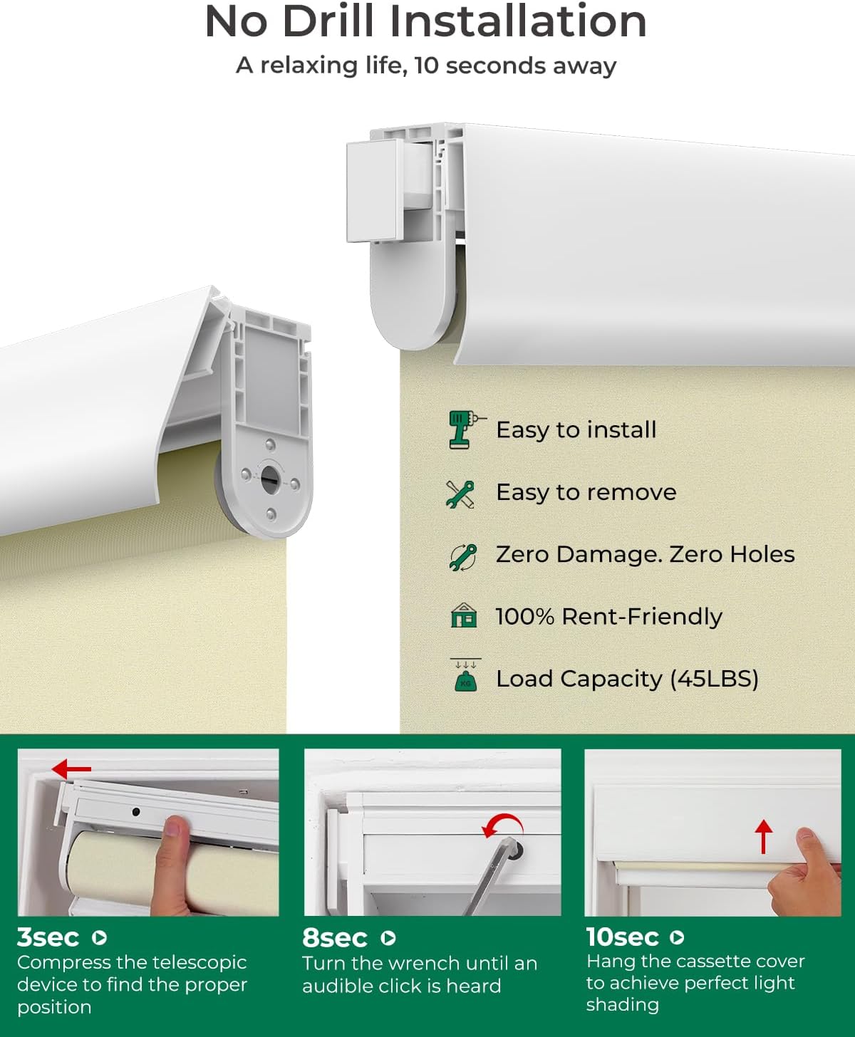 Allesin Motorized Blinds No Drill Automatic Roller Shades with Remote | Rental-Friendly & Easy Install Smart Electric Blackout Window Blinds for Apartment, Beige 35x72 Beige 35"W x 72"H