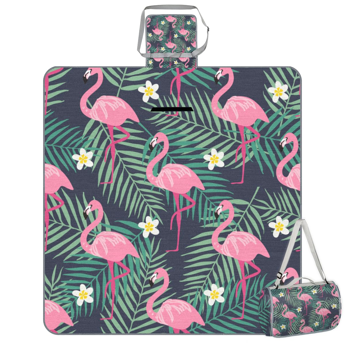 Shimoshe Picnic Blankets 57”x 59”, Palm Leaf Flower Flamingo Waterproof Sandproof Picnic Mat Lightweight Foldable Beach Blanket for Camping Park Grass Beach Outdoor Blanket