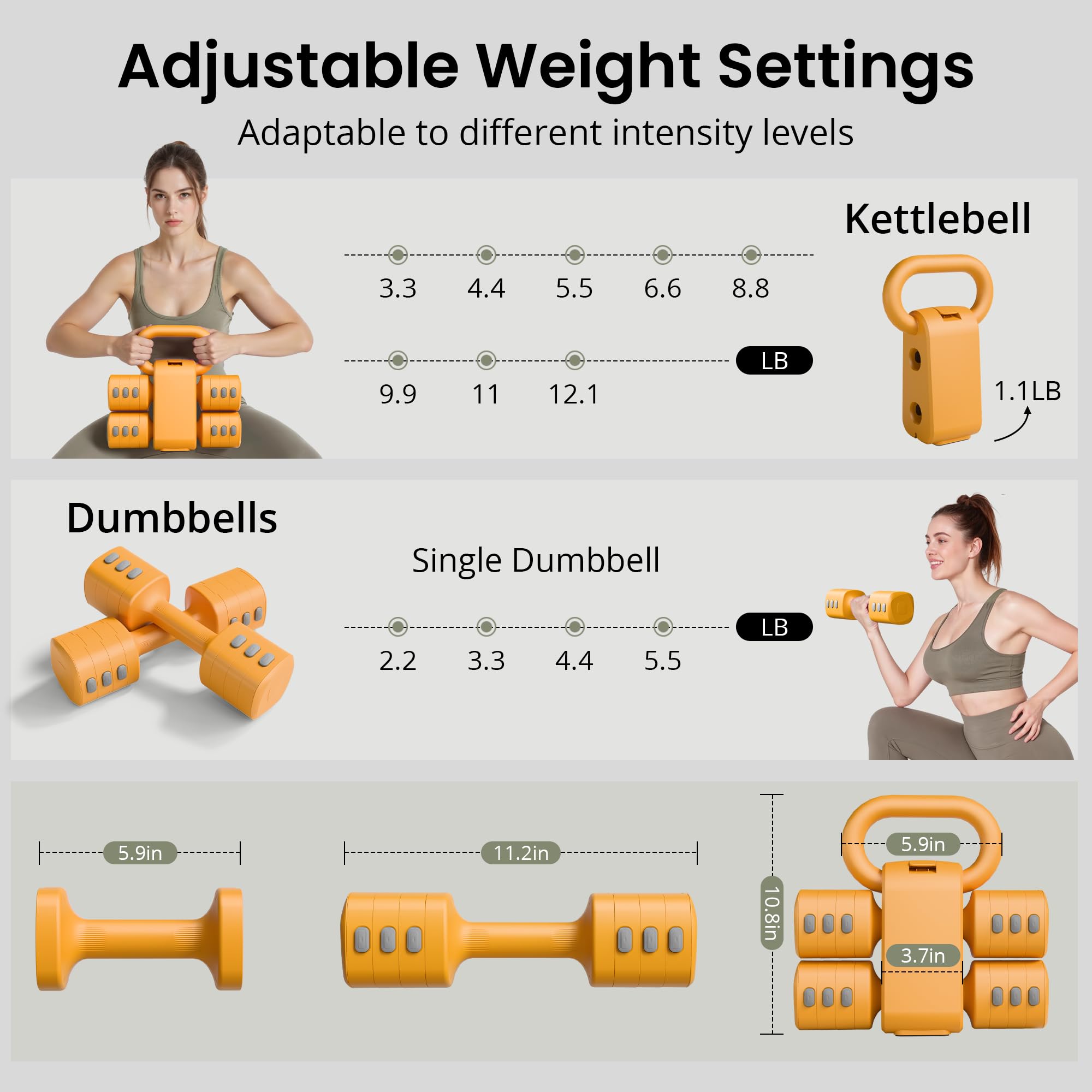 Juego de mancuernas ajustables 2 en 1 para mujer, 4 niveles (1kg a 5.5kg), pesas de gimnasio en casa para mujeres en casa, mancuernas de fitness