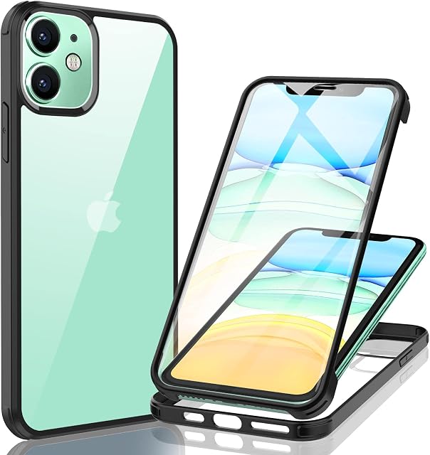 Gonattis Case for iPhone 11, 360° Full Body with Built-in Glass Screen Protector Case Anti Slip and Shockproof Soft TPU Bumper + Dual Layer Clear Glass Front and Back Cover