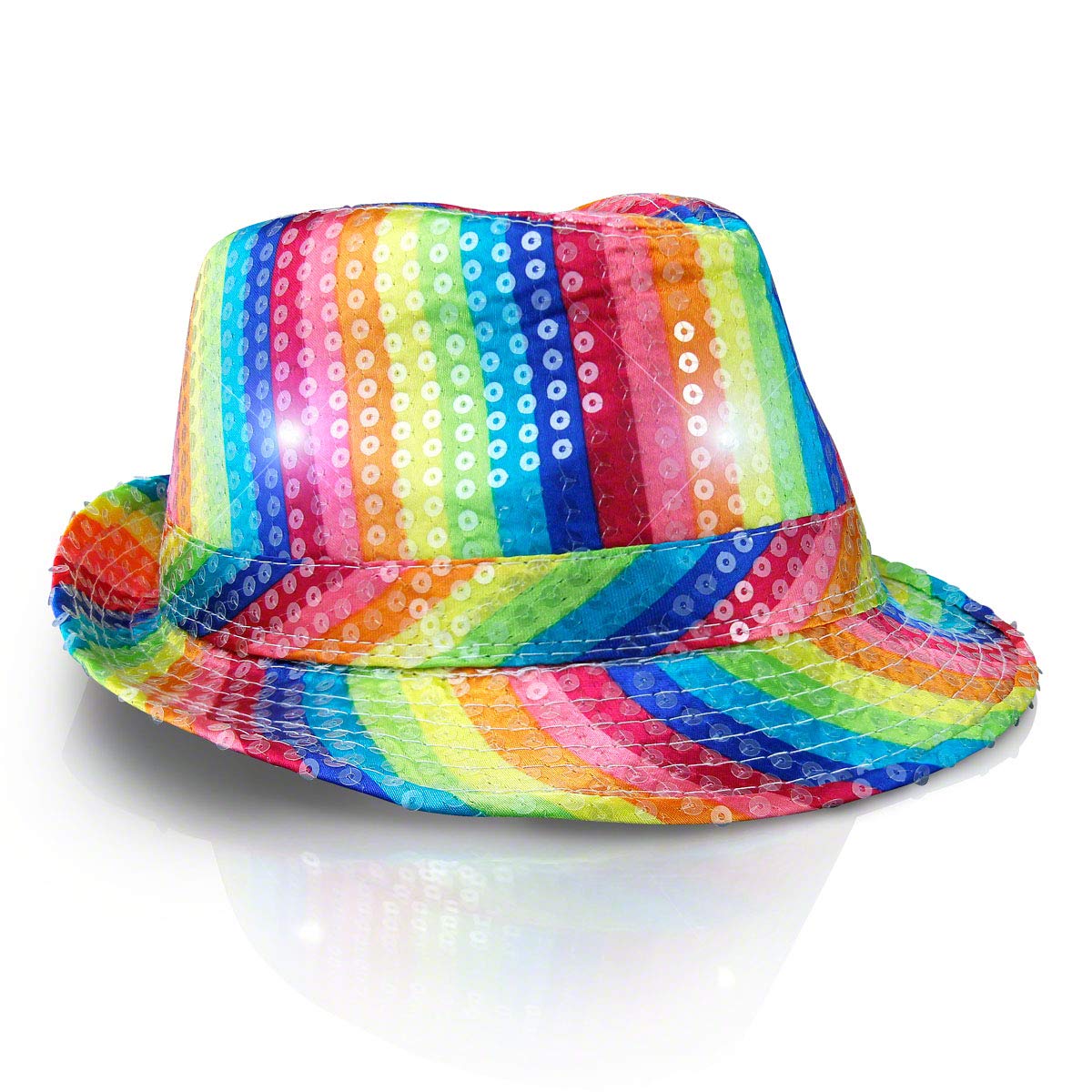 FlashingBlinkyLightsRainbow Striped Sequin Light Up LED Fedora Hat
