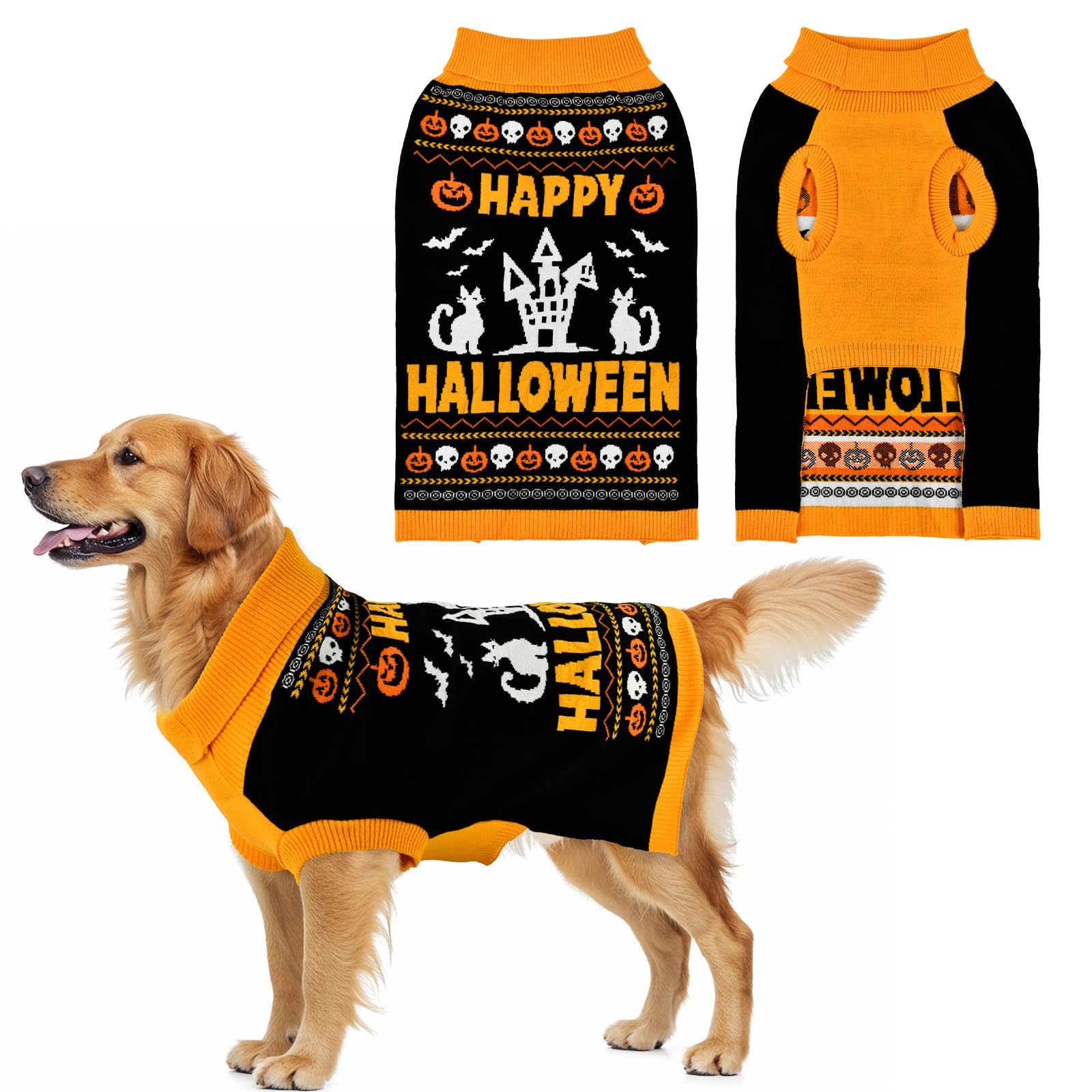 Pull d'Halloween pour chien tricot col roulé chat citrouille
